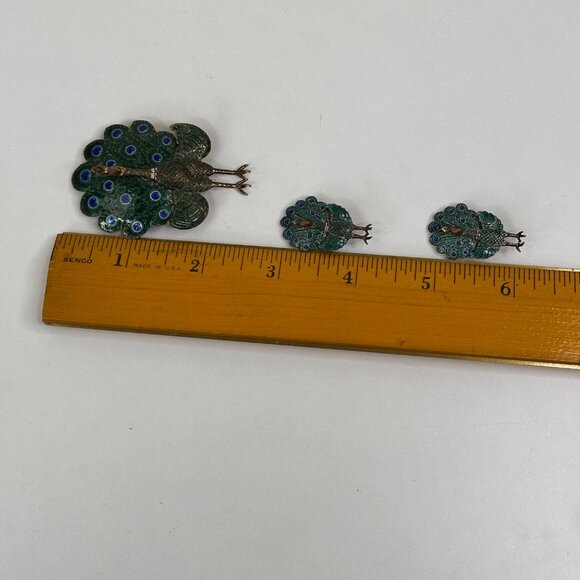 Vintage Peacock Brooch Pin & Earrings Set Sterling Siam Enamel Articulating - Picture 6 of 10
